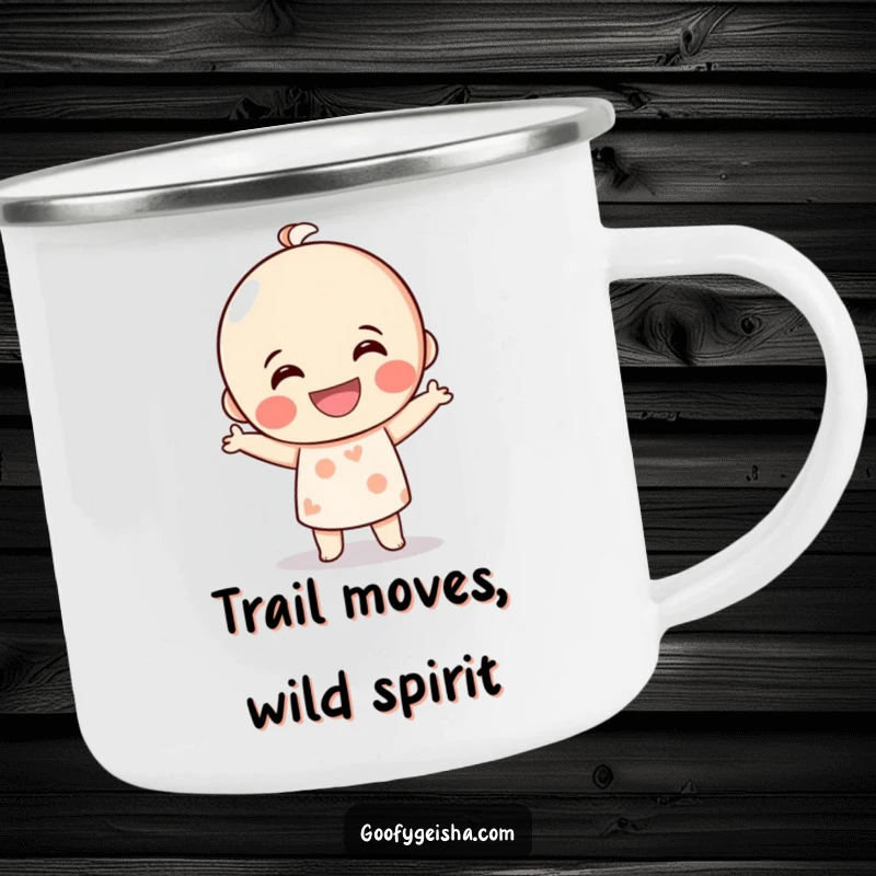 Funny Kokeshi doll camping mug with a grinning character doing a silly dance, designed for adventure and bringing humorous energy to outdoor trips.