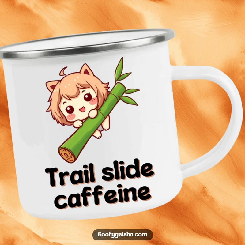 Funny camping mug showing a character with a funny expression sliding down a bamboo stalk, ideal for outdoor moments and warm drinks.