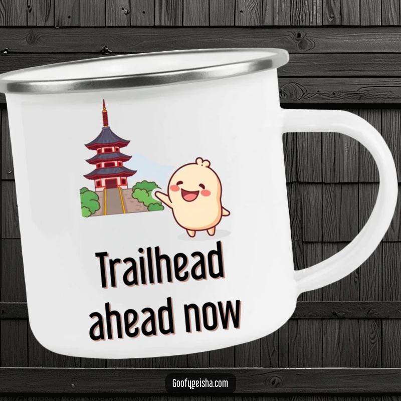 Funny Kawaii Camping Mug: Grinning character excitedly pointing towards a distant pagoda, great for hot drinks on adventures and a dose of funny.