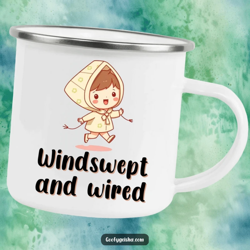 Funny camping mug showing a happy character skipping with a patterned kite, ideal for outdoor moments and warm beverages.