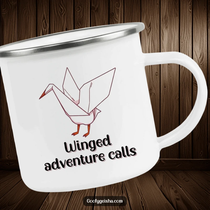 Funny camping mug showing a whimsical origami crane playfully flapping its wings, ideal for drinks on adventures.