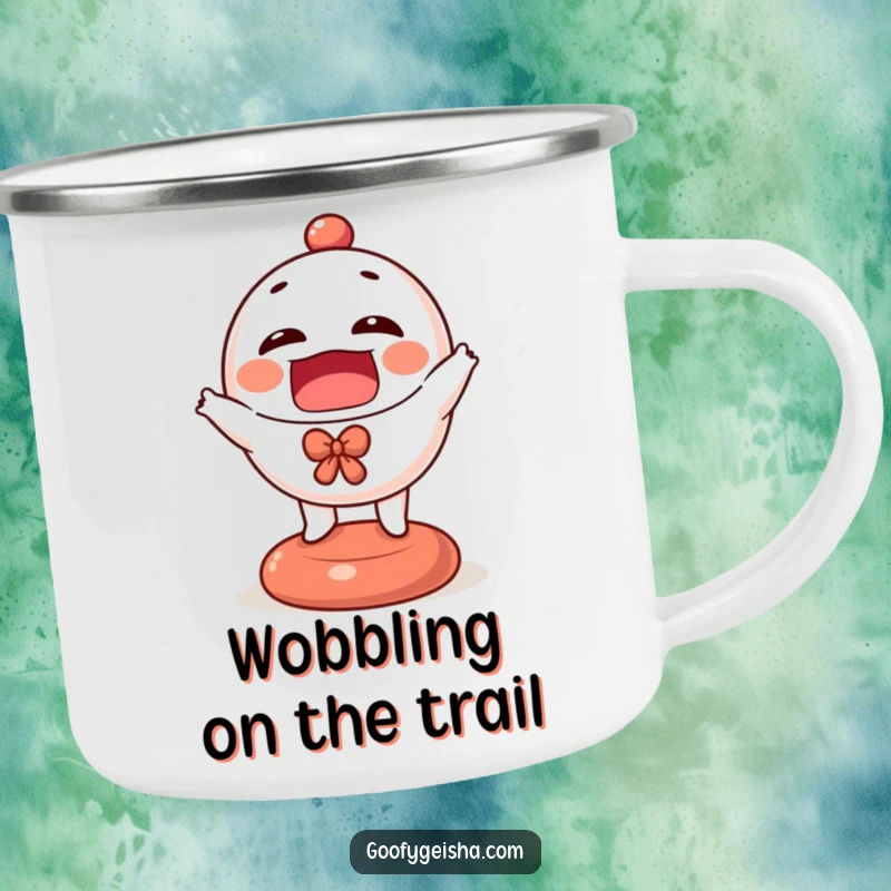 Funny Daruma doll camping mug showcasing a tiny, cheerful character in a bouncing pose, built for rugged outdoor fun.