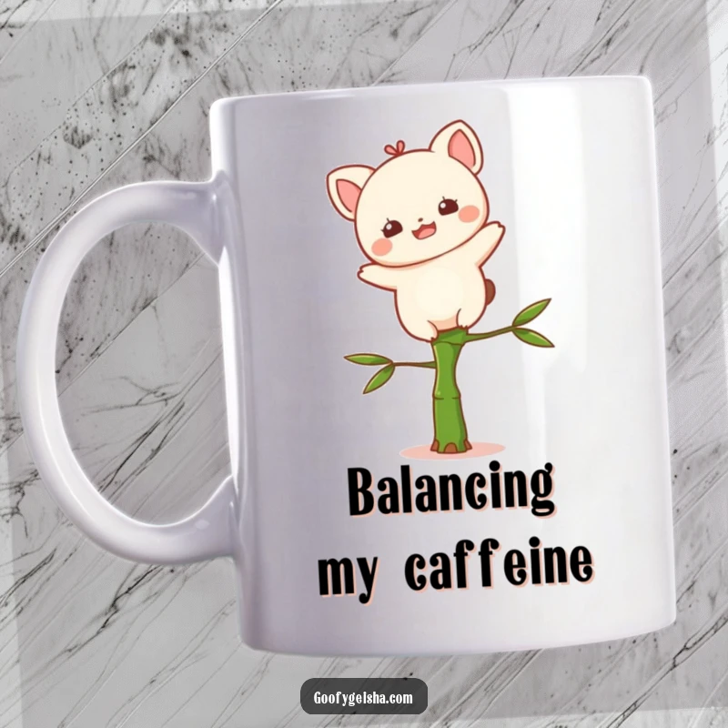 Funny Kawaii mug featuring a delighted character precariously balancing on a small bamboo stalk, conveying a sense of playful risk.
