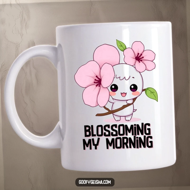 Funny Kawaii mug showing a mischievous character playfully tapping a large cherry blossom petal, conveying a sense of playful mischief.