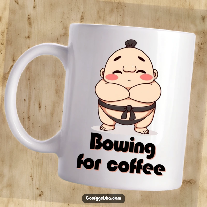 Funny Sumo wrestler mug featuring a cheerful character playfully bowing with arms crossed, exuding a friendly and respectful vibe.