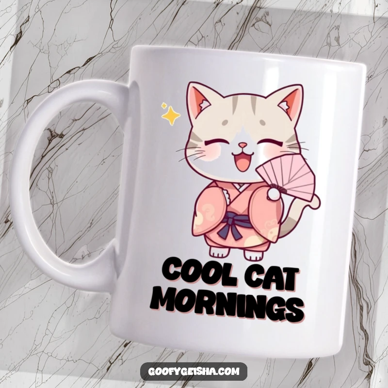 Funny Mug: A Kawaii cat in a traditional kimono, energetically fanning itself with a joyful expression, exuding cute charm.