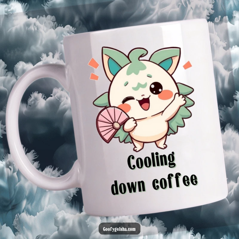 Funny mug with a character energetically fanning itself with a comical, stressed expression. Relatable heat relief.