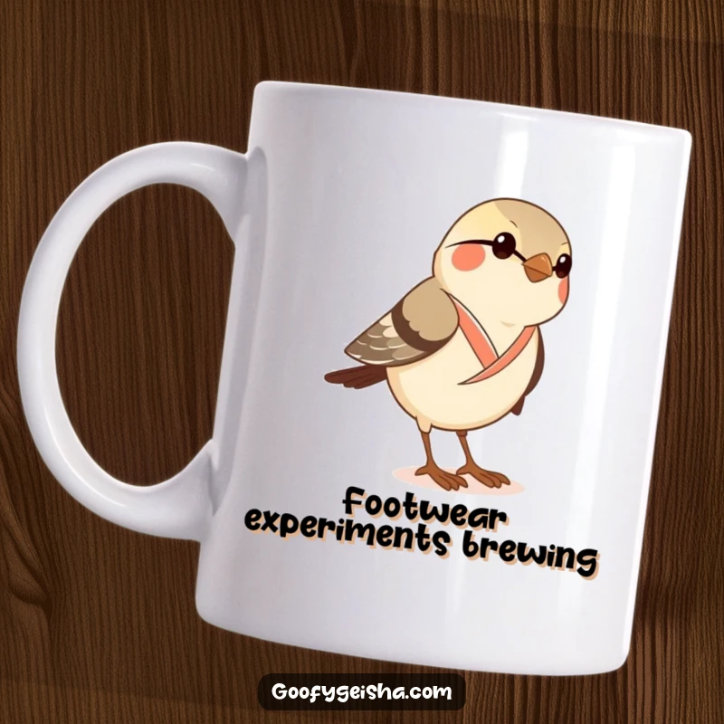 Funny mug featuring a curious little sparrow in a dainty kimono, comically attempting to put on oversized geta sandals.