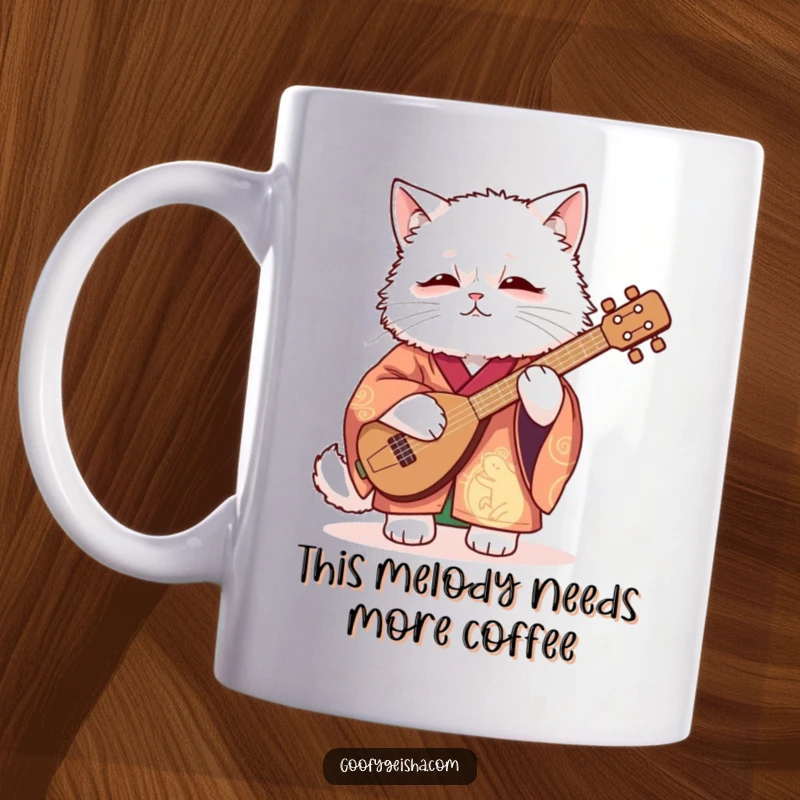 Funny Mug featuring a fluffy white cat dressed in a vibrant kimono, awkwardly strumming a shamisen with a determined, funny expression.