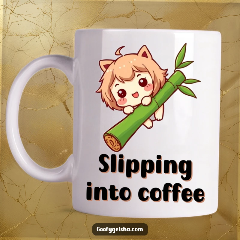 Funny mug showing a character with a comical expression sliding down a bamboo stalk, conveying a sense of playful clumsiness.