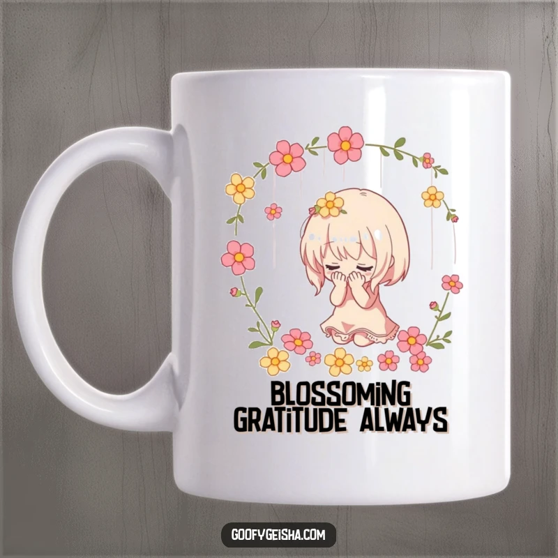 Funny mug showing a small character dramatically bowing with a shower of colorful flowers falling around them, expressing gratitude.