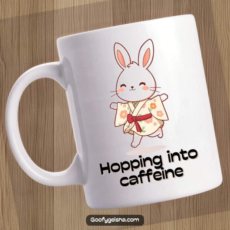 Funny bouncy bunny in a floral kimono, happily skipping with excitement, perfect for a joyful mug design.