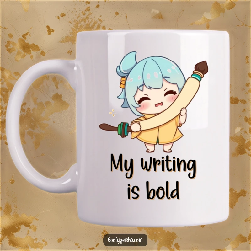 Funny mug showcasing a character making a goofy face while wielding an oversized calligraphy brush, expressing artistic fun.