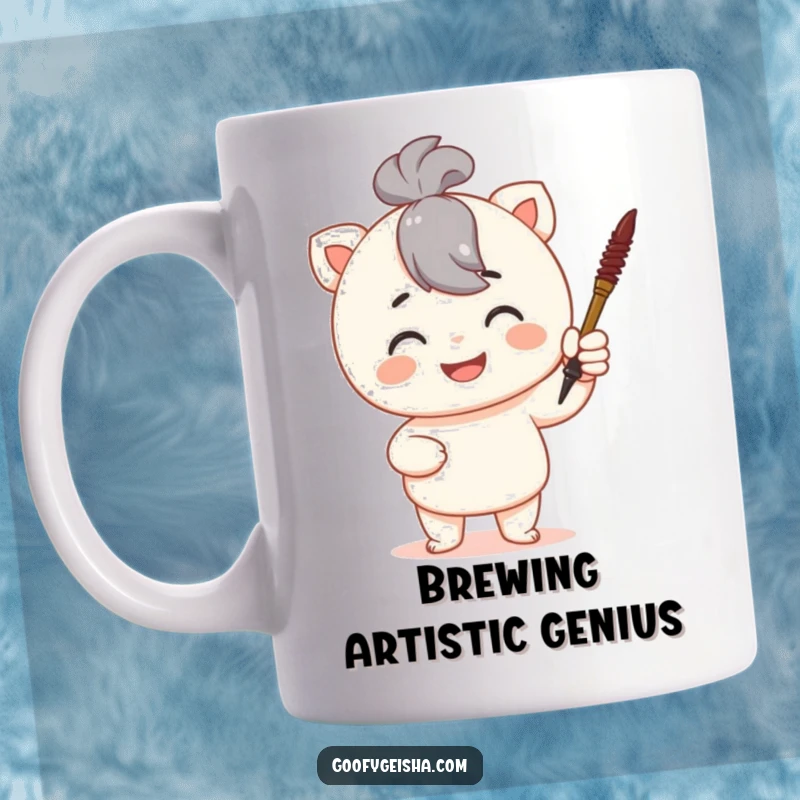 Funny mug featuring a proud character smiling and holding a tiny calligraphy brush, celebrating artistic accomplishment.