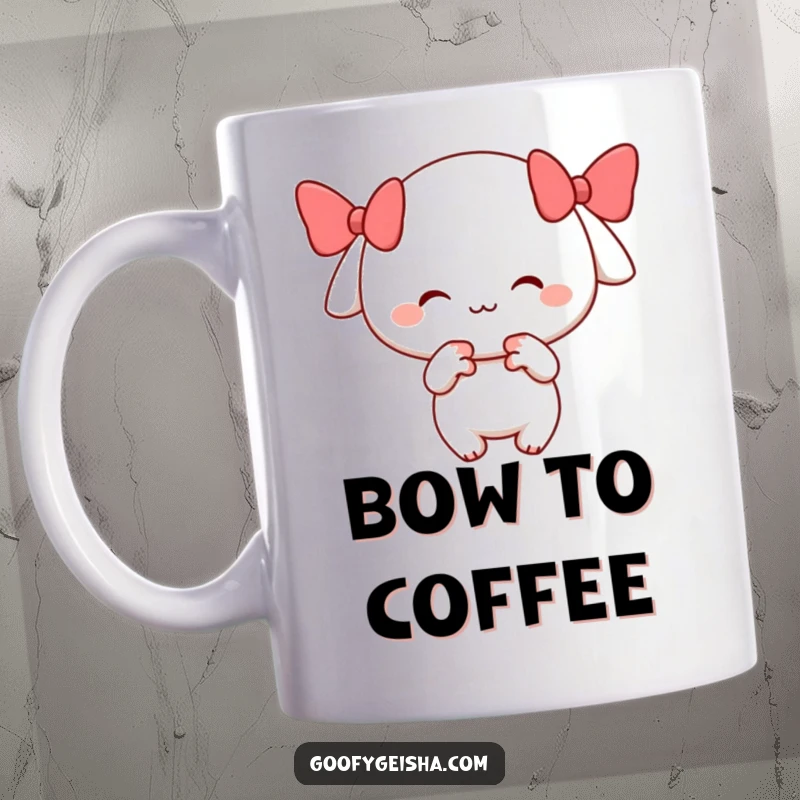 Funny mug showing a cheerful, smiling character performing a polite and playful bow, conveying warmth and humor.
