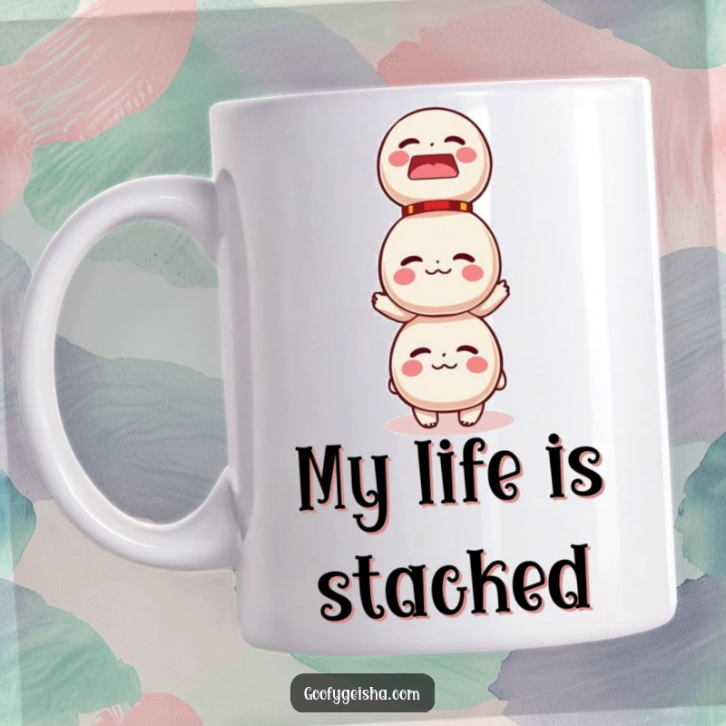 Funny mug with a cute character struggling to keep a tall stack of colorful Daruma dolls from toppling over, conveying a humorous struggle.