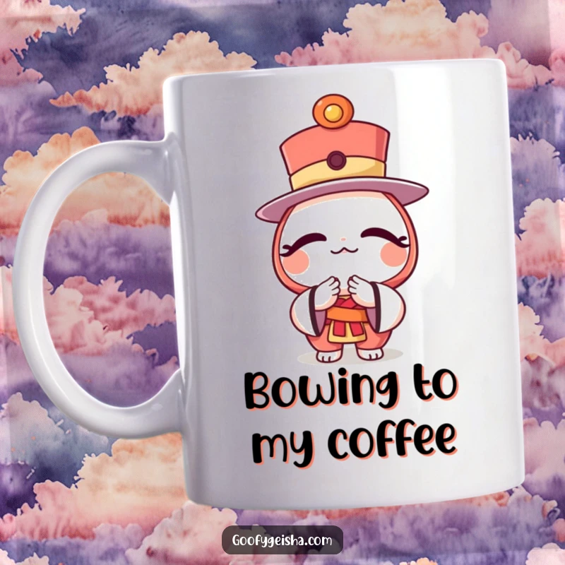 Funny mug depicting a character wearing a unique top hat made from a daruma doll, bowing politely.