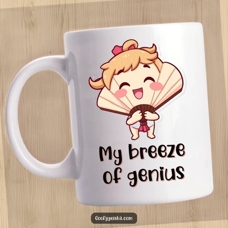 Funny mug featuring a smiling fan character performing a cheerful opening and closing flourish with a playful, energetic vibe.