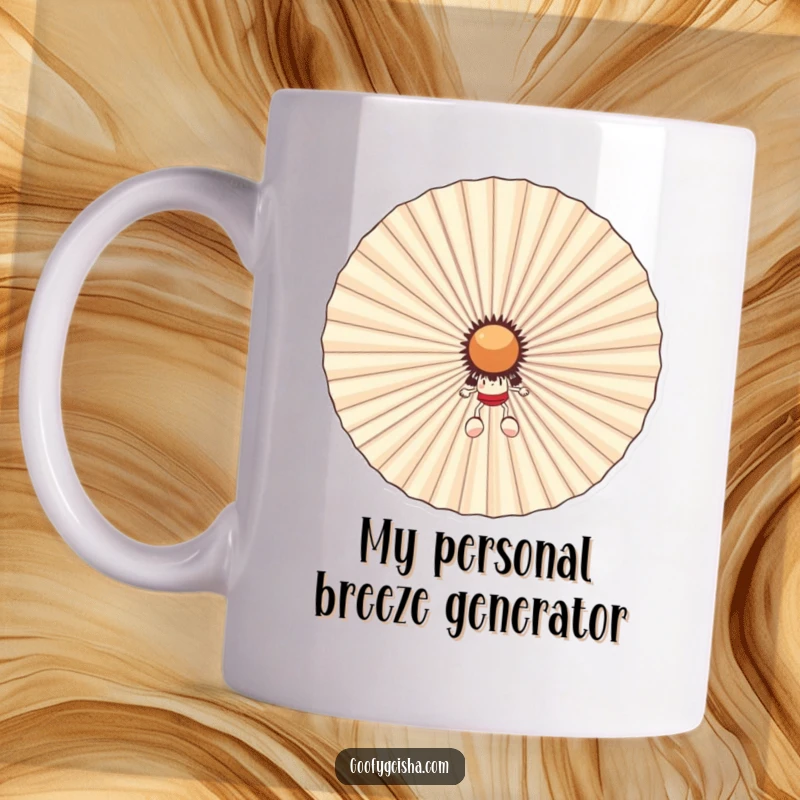 Funny mug showing a cute, small character hiding mischievously behind a huge, smiling, blowing fan. Perfect for beating the heat humorously.