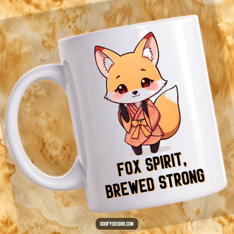 Funny Fox Kimono Mug featuring a cute fox character in a tiny kimono performing a polite and playful bow, exuding charm.
