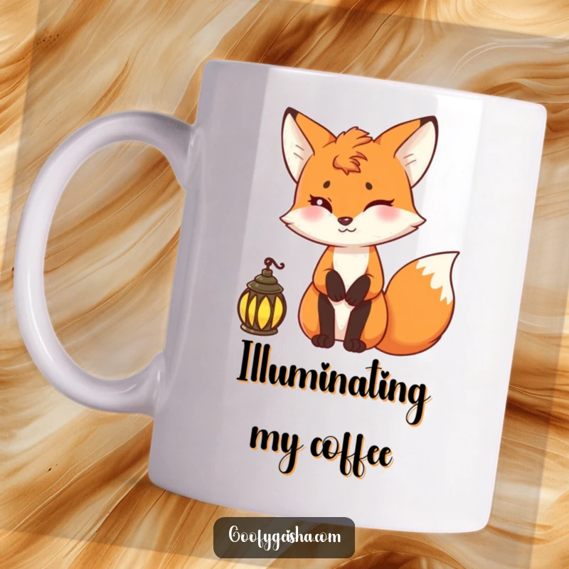 Funny fox mug featuring a sly fox character winking mischievously while holding a glowing lantern.