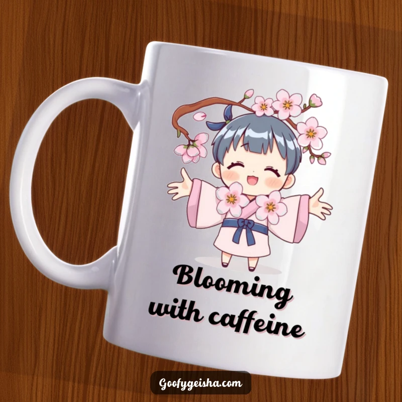 Funny mug showing a character with open arms joyfully embracing a delicate cherry blossom, symbolizing peace and natural beauty.