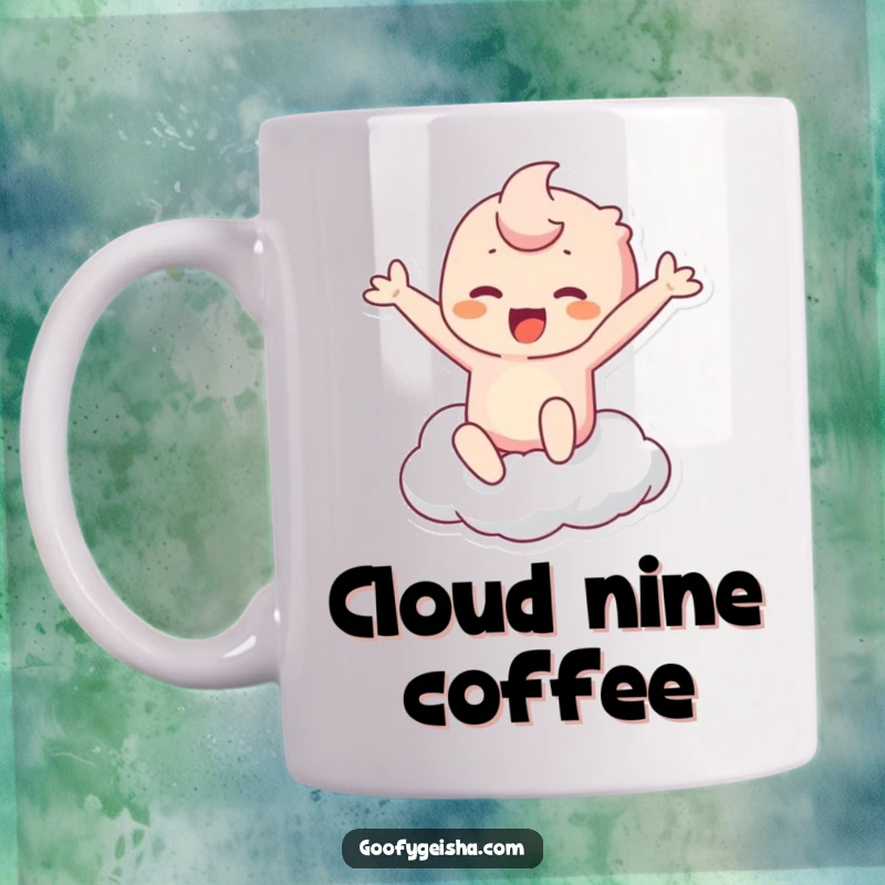 Funny Kawaii Mug: Character leaping joyfully towards a fluffy cloud, embodying pure elation and fun. A delightful funny gift.