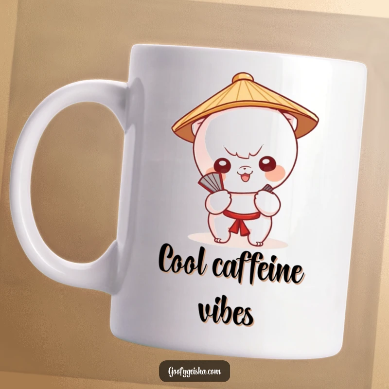 Funny Kawaii mug shows a cute character in a Japanese hat playfully fanning itself, embodying cool charm.