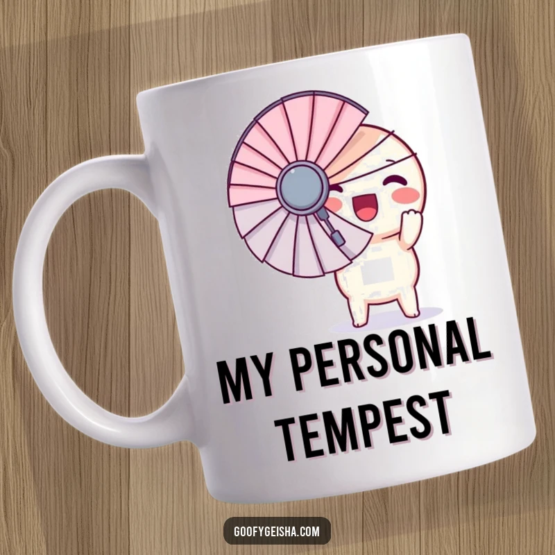 Funny mug featuring a small, round Kawaii character excitedly holding an oversized fan, radiating pure joy and playful energy.