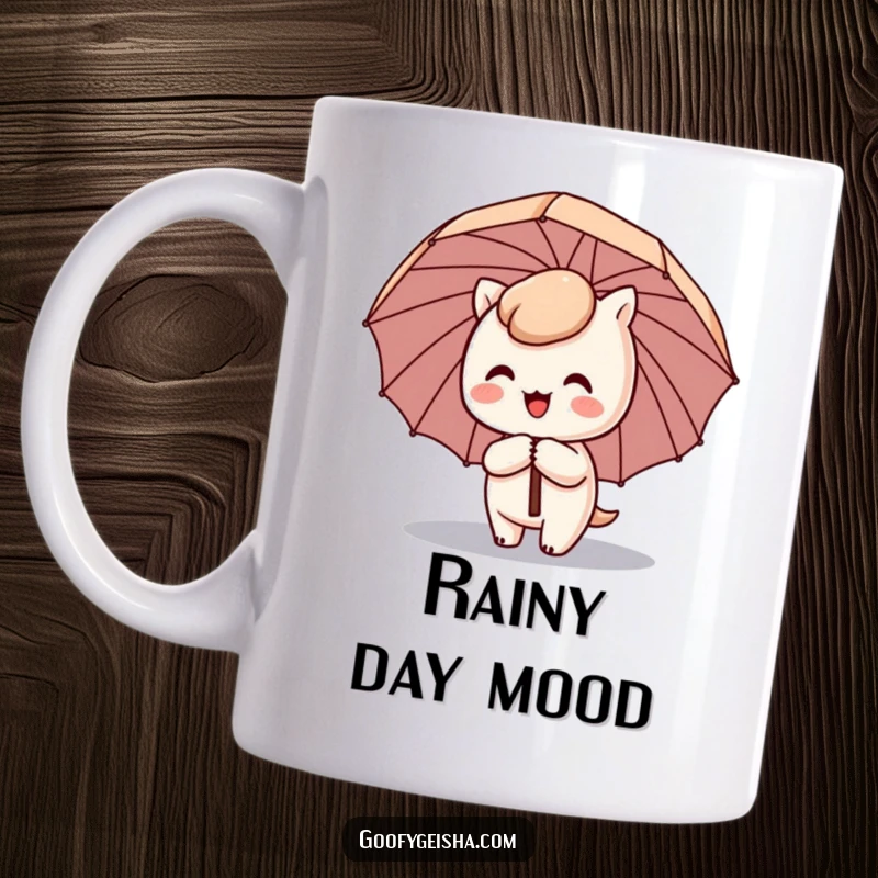 Funny Kawaii mug with a cute character happily spinning with a comical umbrella tilted sideways, embodying joyful delight.