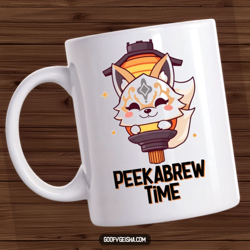 Funny mug featuring a cute Kitsune masked character playfully peeking from behind a glowing lantern, evoking playful curiosity.