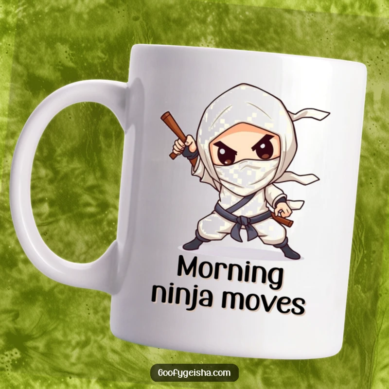 Funny Mug: Cute chibified character dramatically striking a ninja pose with a silly grin, epic fun.