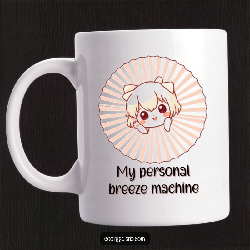 Funny mug featuring a cute character peeking playfully from behind a large fan, waving gleefully.