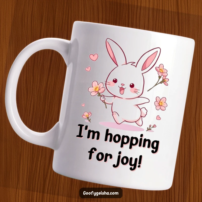 Funny mug featuring a delighted rabbit playfully chasing a floating blossom in a whimsical garden scene.