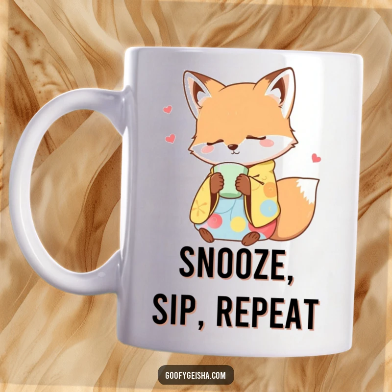 Funny mug with a sleepy fox wearing a colorful kimono, dozing off while gently holding a teacup, radiating calm.