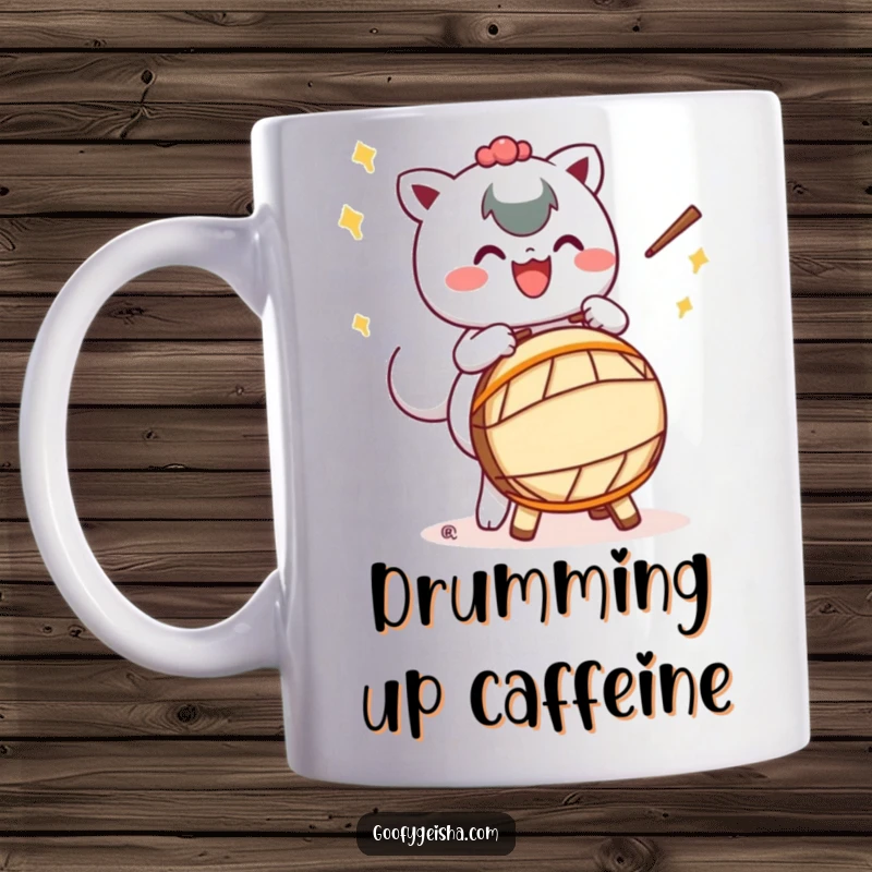 Funny mug featuring a Kawaii character happily playing a Taiko drum with energetic, exaggerated motions, radiating musical joy.