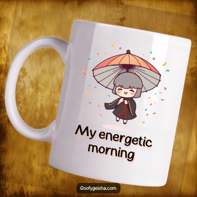 Funny mug showcasing a stylized Japanese umbrella character spinning rapidly, releasing a cascade of vibrant confetti.