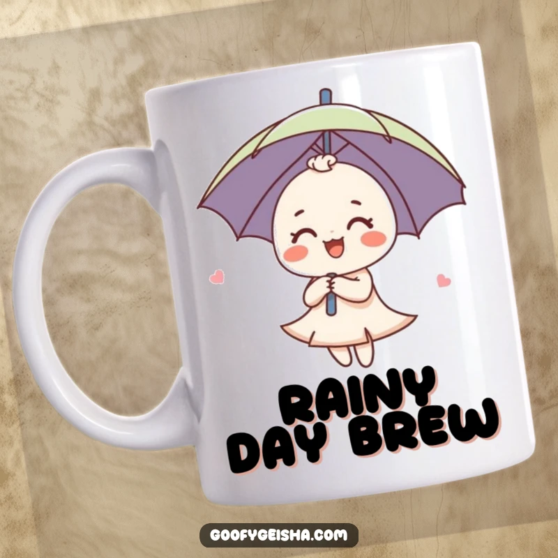 Funny Umbrella Mug featuring a cute umbrella character spinning happily, conveying pure joy and a playful spirit.