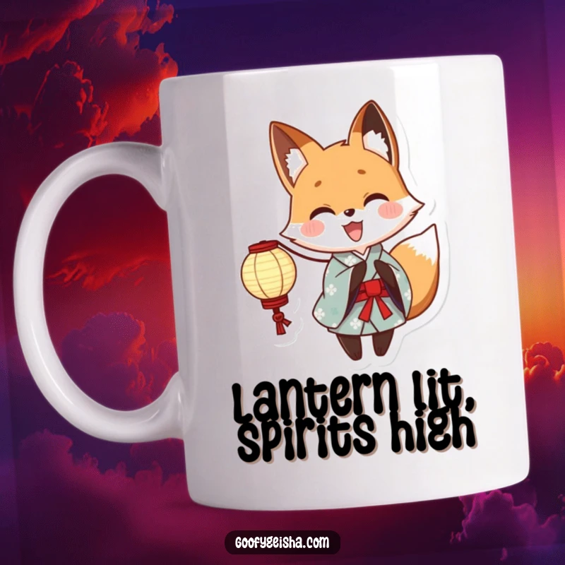 Funny Yukata Fox Holding Paper Lantern Mug: Adorable anime fox character in traditional yukata, excitedly presenting a gently lit paper lantern, perfect for festive vibes.