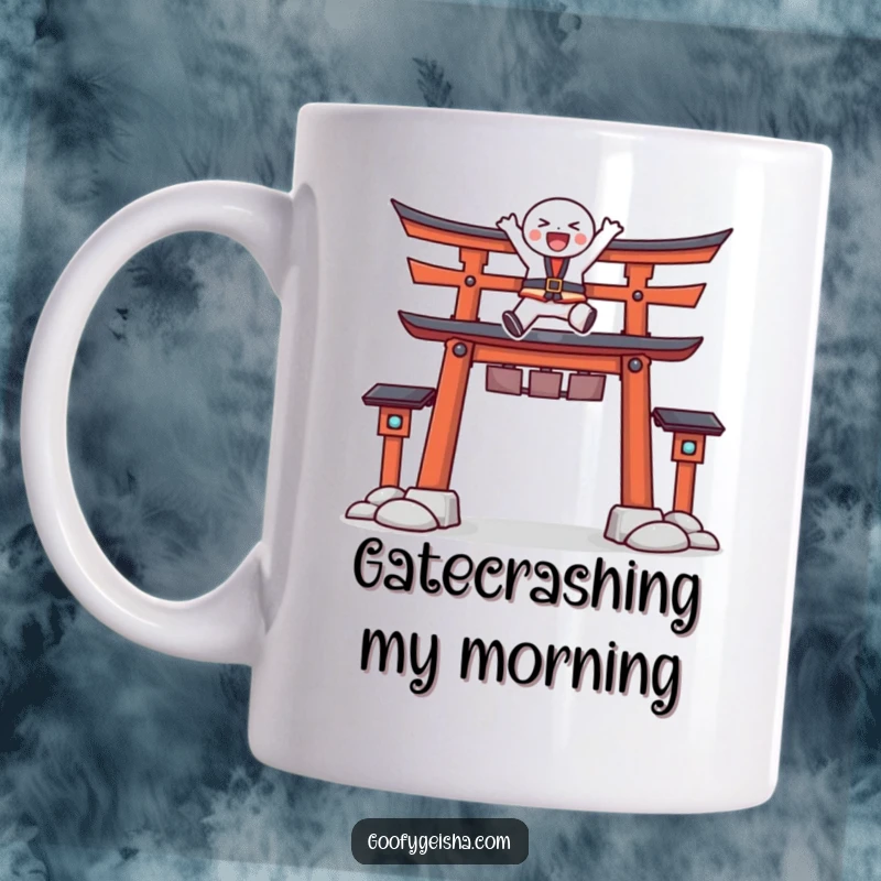 Funny mug showing a character joyfully leaping over a stylized Torii gate with immense energy and happiness.