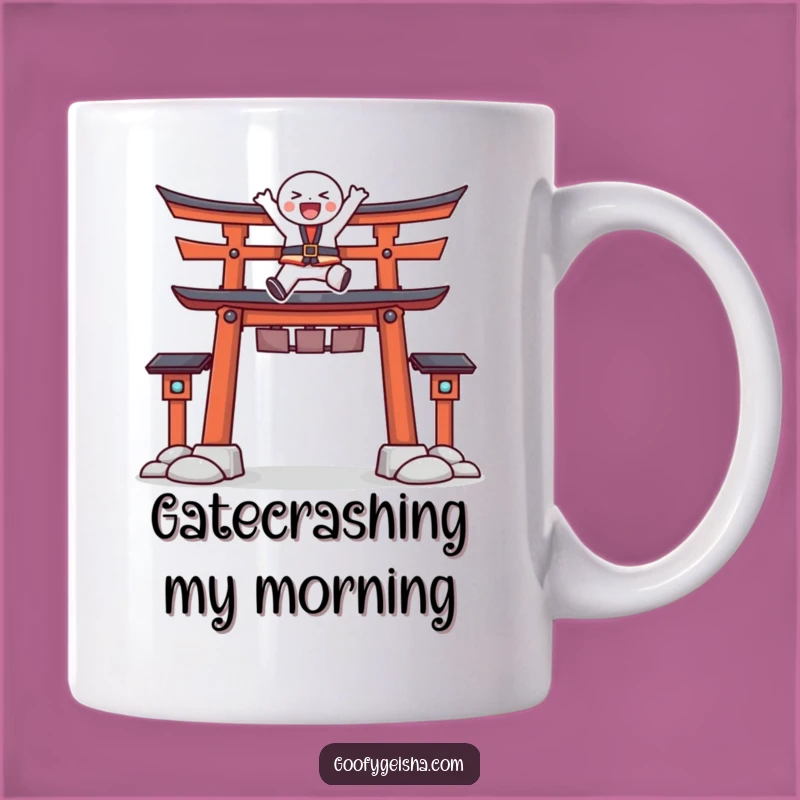 Funny Torii Gate Leap Mug: Joyful Character's Energetic Jump, Perfect Humorous Gift