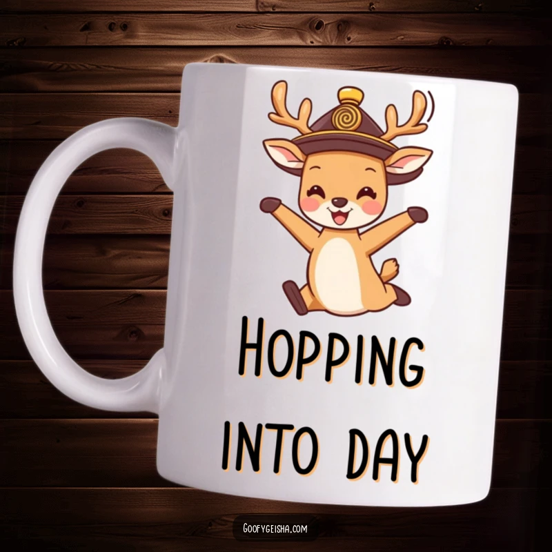 Funny Mug: A cute deer wearing a traditional hat, joyfully leaping in the air with a big smile, embodying pure happiness.
