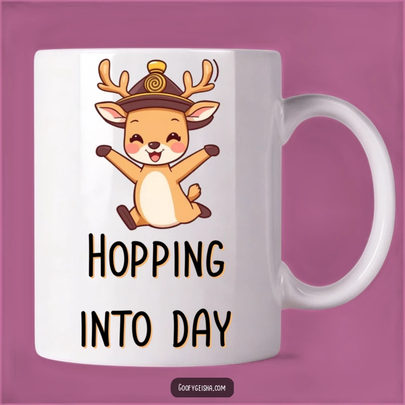 Funny Deer Jump Mug: Happy Character, Traditional Hat, Perfect Funny Gift