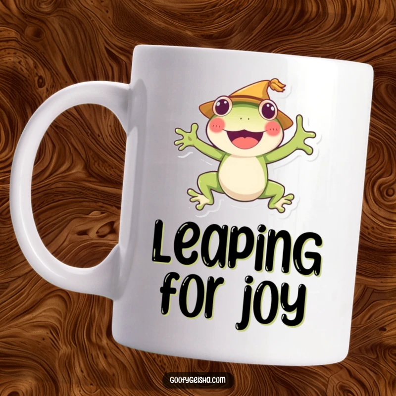 Funny frog mug character wearing a straw hat, joyfully jumping in celebration. A vibrant and cheerful drinkware item.