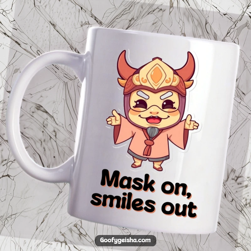 Funny mug showing a character joyfully wearing a traditional mask and striking a comically delighted, silly pose, radiating pure amusement.