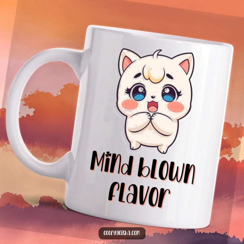 Funny Kawaii Mug: Surprised character clutching head, eyes wide with delight, capturing shock and joy, perfect funny gift.