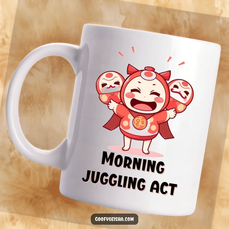 Funny Kawaii Mug: Bewildered character comically juggling colorful daruma dolls, capturing delightful chaos. A great funny gift.