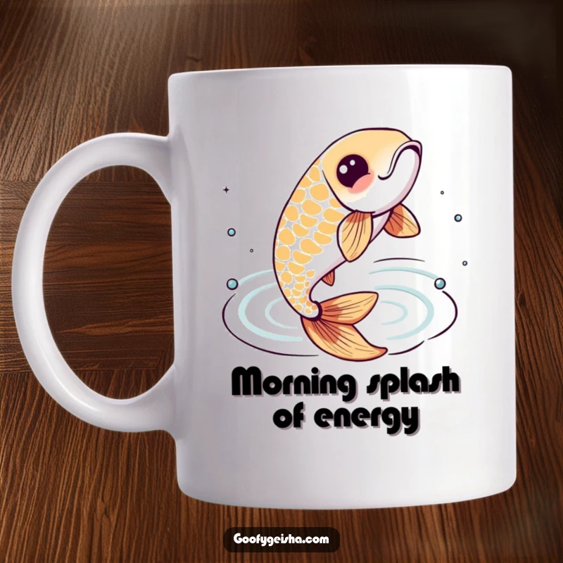 Funny mug featuring a lively koi fish character leaping energetically from stylized water ripples.