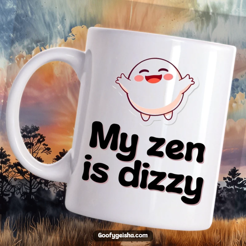 Funny floating Daruma doll mug with character spinning joyfully, conveying pure, unadulterated happiness and playful energy.