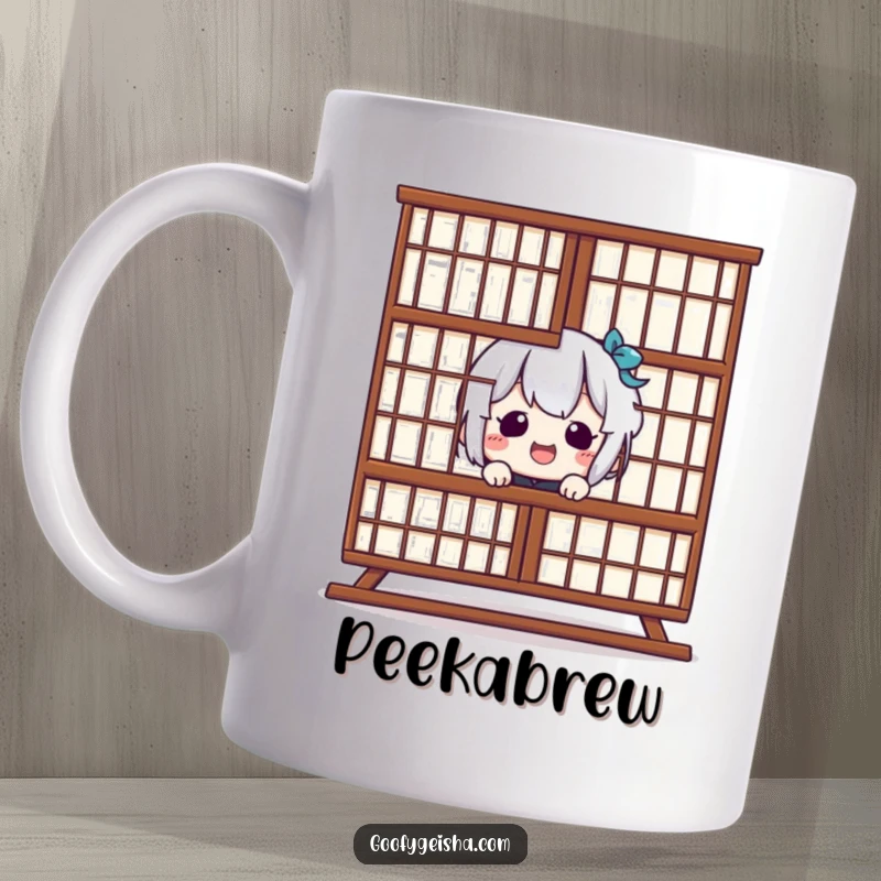 Funny Kawaii Mug: Character giggling while peeking from behind a Shoji screen, full of playful mischief. A delightful funny gift.